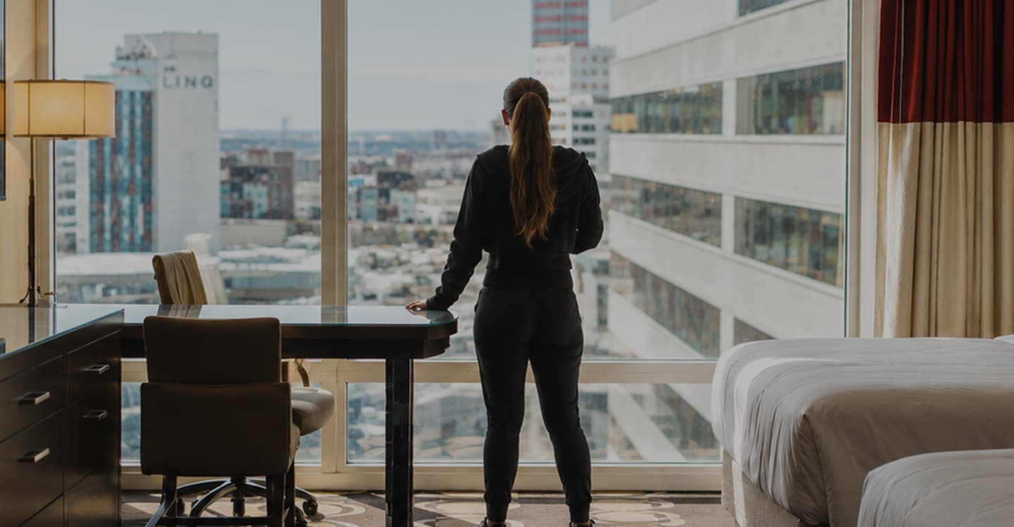Hotel room with a New York City skyline view