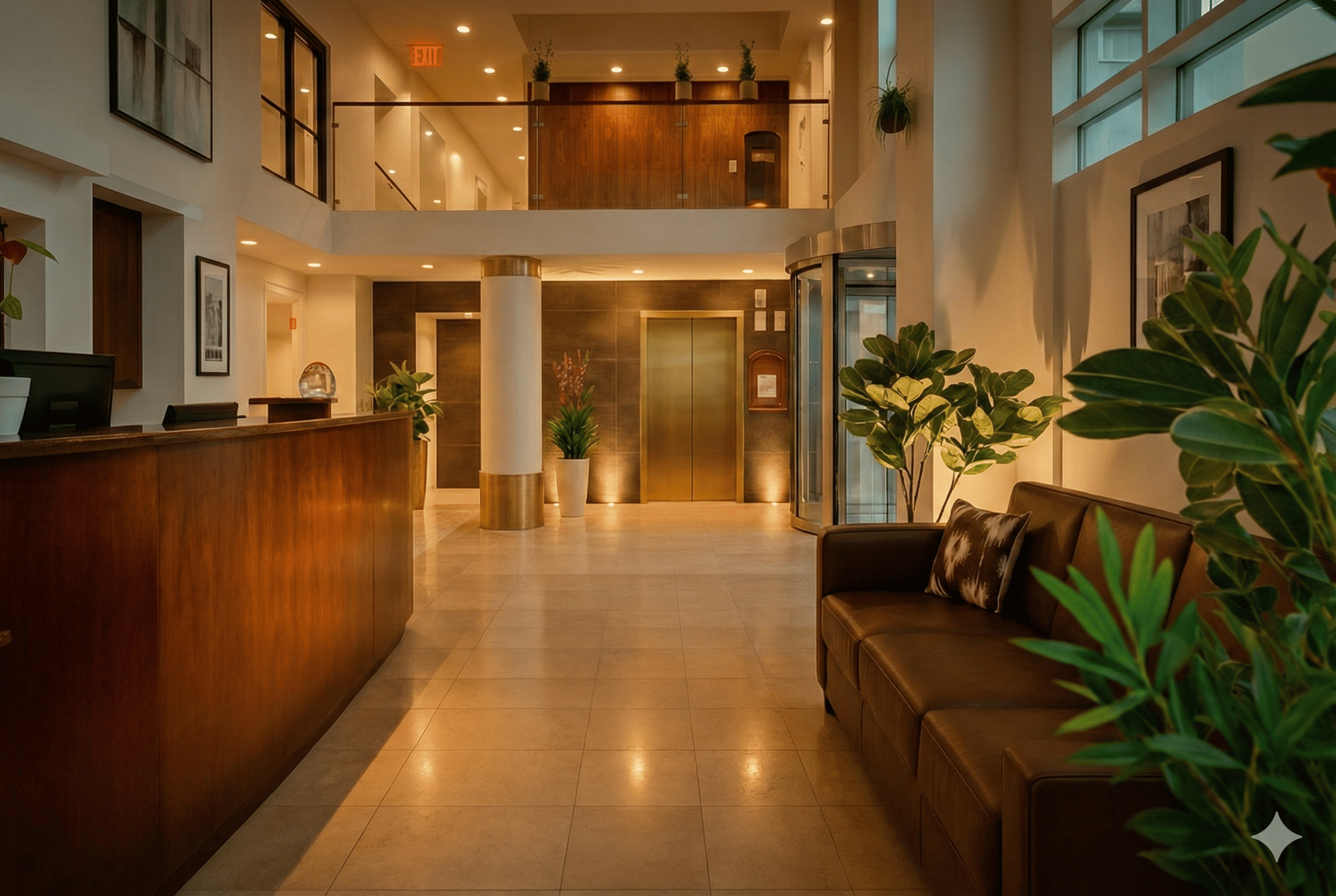 Hotel lobby seating area with warm lighting